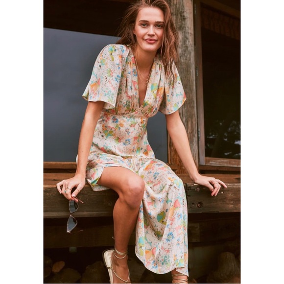 Topshop Dresses & Skirts - Topshop Willow Floral Angel Sleeve Satin Midi Dress Size 8